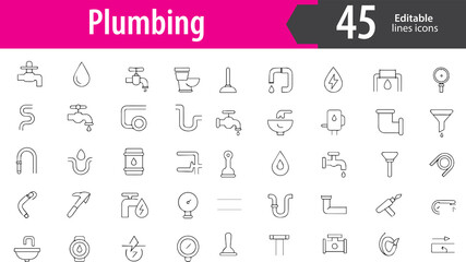 Plumbing Line Icons, Pipe Wrench, Faucet, Leaking Pipe, Toilet, Water Valve, Editable Formats: AI, EPS, PNG, JPG, Ideal for Both Digital and Print Use
