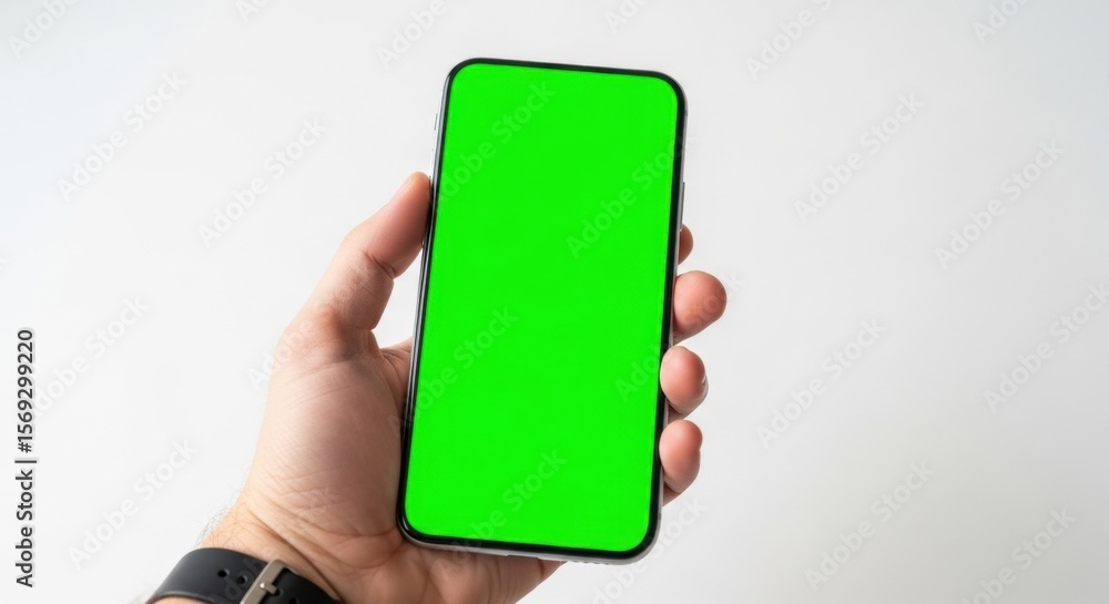 Aufkleber man's hand holding a vertical smartphone with a green screen. digital mock-up device for app display