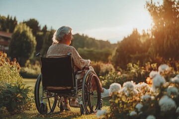 Caring nurse assists an elderly woman in a wheelchair outdoors in a garden, highlighting compassionate caregiving and the dignity of elderly residents in nursing homes, Generative AI