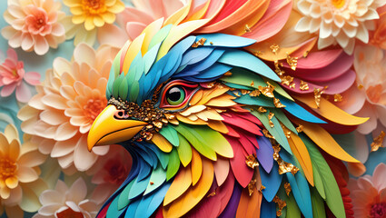 Colorful Birds face, bird girls face with soft flower background