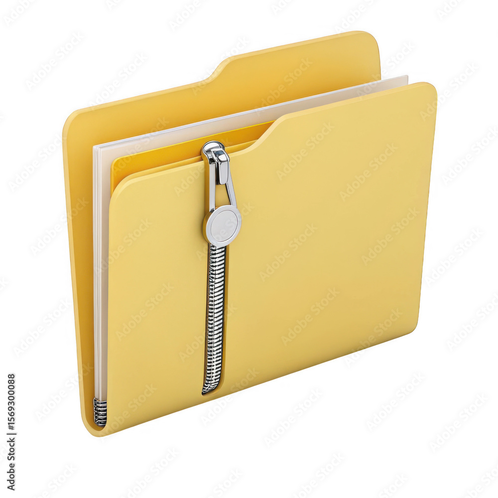 Poster 3d yellow folder with zipper isolated on transparent background