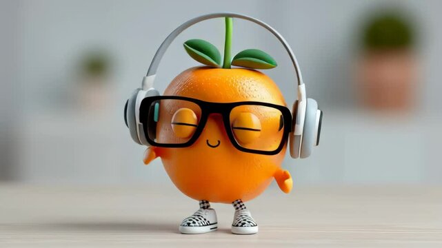 Cartoon orange wearing glasses and headphones. The orange is smiling and he is listening to music
