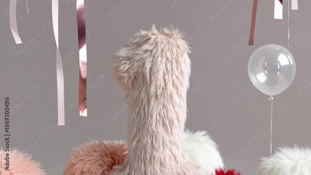 Poster row of fuzzy balls in different colors, including pink, white, and red. the balls are piled on top o