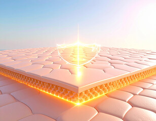 Skin layers illustration with a glowing protective barrier on the surface against a blue sky background.