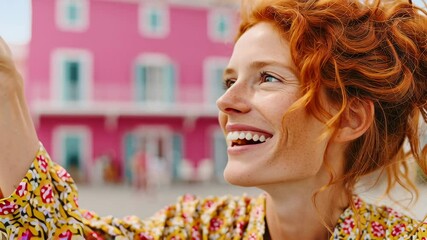 Woman with red hair is holding a glass of wine and smiling. Concept of relaxation and enjoyment, as the woman is taking a moment to savor her drink and appreciate the moment - Powered by Adobe