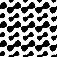 Bow. Diagonally placed bows of different sizes. Silhouette. Seamless vector pattern. Continuous ornament of cute bow ties. Isolated colorless background. Idea for web design.