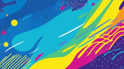 Vibrant abstract background featuring dynamic waves of color with playful shapes and patterns