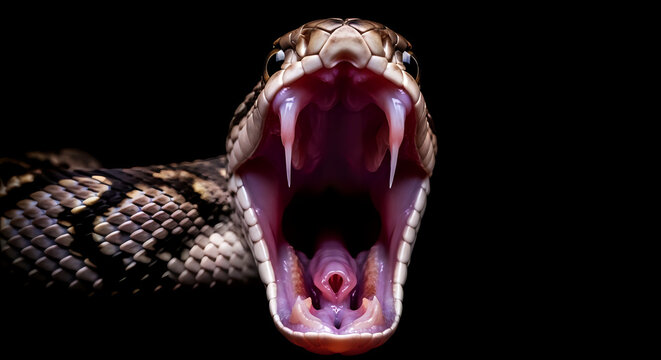 A close up shot of a snake with its mouth open showing its fangs on a black dark background
