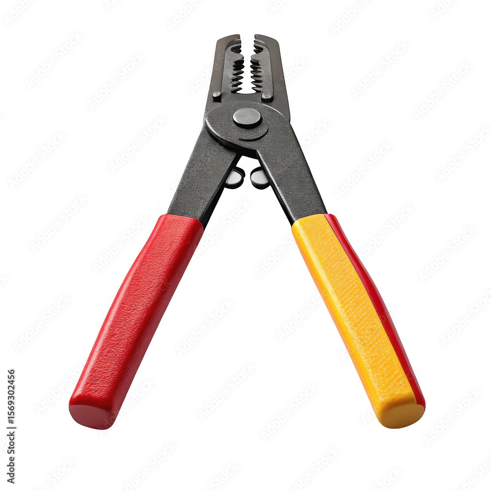 Poster 3d wire stripper tool with red and yellow handles isolated on transparent background