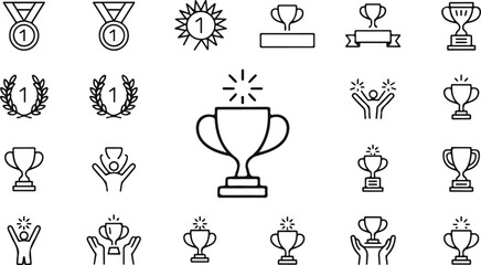Success Line Icons. Editable Stroke. Pixel Perfect. For Mobile and Web.Victory, achievement line icon set. Vector pictograms of trophy, first place medal, celebration, laurel wreath, crown, and winner
