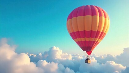 Fototapeta premium Whimsical Hot Air Balloon Soaring Over Azure Sky, Puffy Clouds Below Perfect for Travel, Adventure, and Freedom Imagery
