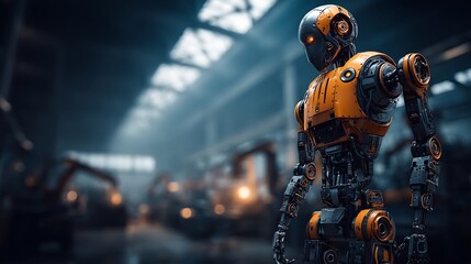 Naklejka premium Orange Robot in Industrial Factory.