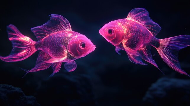 Two glowing pink fish in a dark underwater scene.