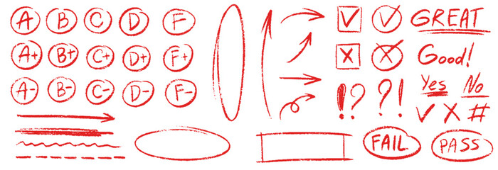 Exam grade test red pen mark. Crayon school test results different hand drawn signs. Teacher scores of student homework. Vector handwritten scribble academic symbols on white background