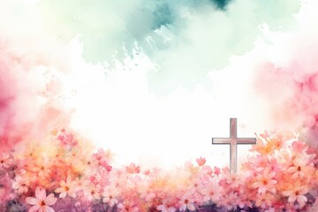 Wooden cross rising among pink flowers with a colorful watercolor background representing faith, hope, and resurrection