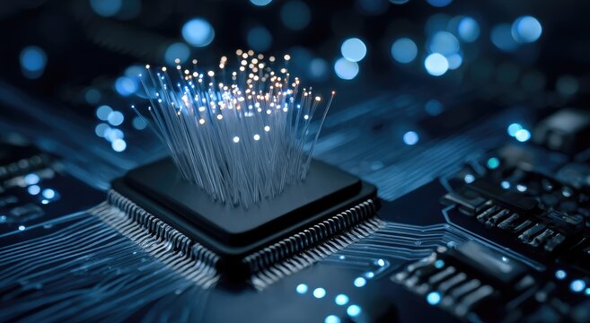 Fiber optic cables emerging from a CPU - Powered by Adobe
