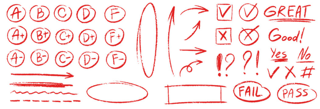 Exam grade test red pen mark. Crayon school test results different hand drawn signs. Teacher scores of student homework. Vector handwritten scribble academic symbols on white background