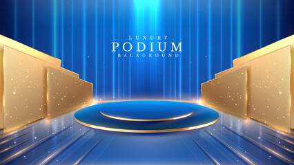 Empty podium golden on blue background with light neon effects with bokeh decorations. Luxury scene design concept. Vector illustrations.
