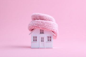 Small white house draped in pink knitted scarf