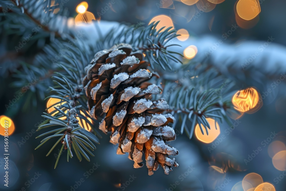 Poster close up of a pine cone covered with snow, hanging from a christmas tree branch, illuminated by warm