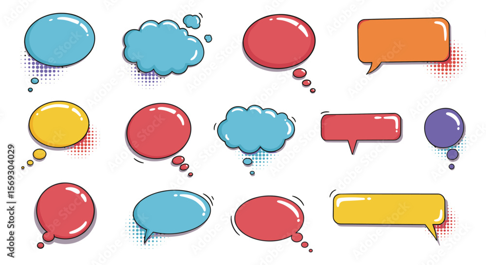 Fototapete collection of colorful hand-drawn comic speech bubbles, perfect for adding dynamic text to your desi