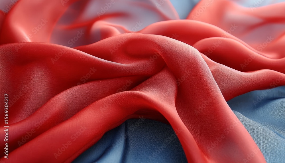 Poster abstract fluid shapes of red fabric with soft textures over light blue background and patterns
