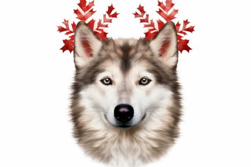 Alaskan malamute dog wearing a crown of red maple leaves representing canada, celebrating its nature and wildlife
