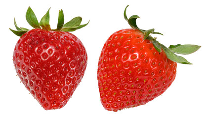 Red ripe strawberry with small yellow seeds and fresh green leaves, isolated background
