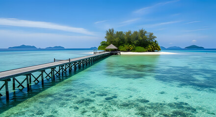 Aerial view of a tropical island with a wooden pier leading to a hut under green trees near the beach