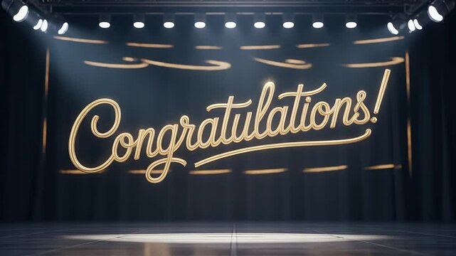 Celebratory Stage: An illuminated "Congratulations!" message shines on a stage, inviting viewers to revel in the occasion.