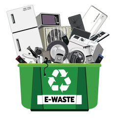 A green recycling bin overflowing with various electronic waste, including refrigerators, microwaves, and smartphones, emphasizing responsible e-waste disposal