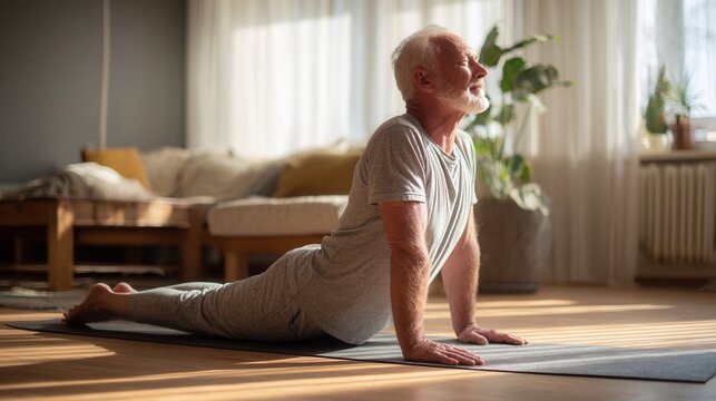 Elderly man practicing yoga at home, demonstrating various poses on a mat.