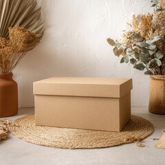 Neutral-toned cardboard box on woven mat, surrounded by dried plants