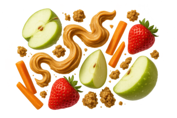 Delicious healthy snacks with peanut butter, apples, carrots on transparent background.