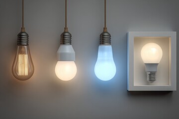 Four light bulbs, different hues, one highlighted