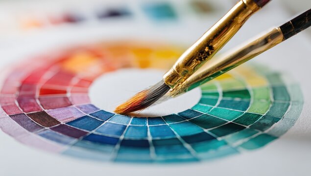 Artist's color wheel with paintbrushes