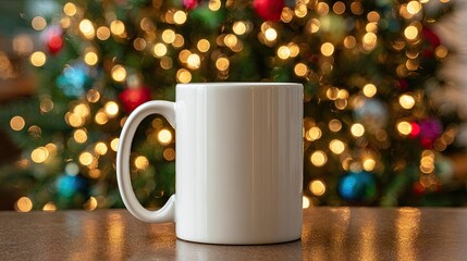 Blank white ceramic mug on festive table with glowing Christmas tree lights in soft holiday background