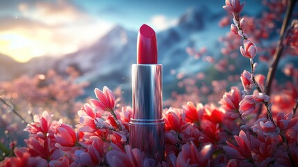 Red lipstick in mountains, surrounded by flowers