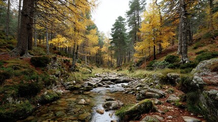 Scenic autumn forest with rocky stream and golden larch trees in peaceful nature landscape with soft light