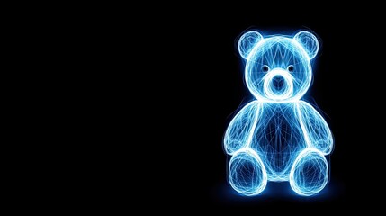 Glowing neon blue teddy bear made of digital light lines on black background with empty space for text