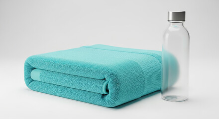 White towels and liquid soap dispenser on neutral background