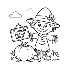 Smiling Scarecrow in Pumpkin Field – Cute Autumn Coloring Page for Kids, scarecrow coloring page, pumpkin patch coloring, autumn coloring page kids, thanksgiving scarecrow printable, victor art 