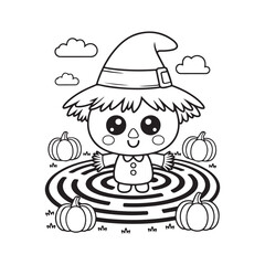 Smiling Scarecrow in Pumpkin Field – Cute Autumn Coloring Page for Kids, scarecrow coloring page, pumpkin patch coloring, autumn coloring page kids, thanksgiving scarecrow printable, victor art 