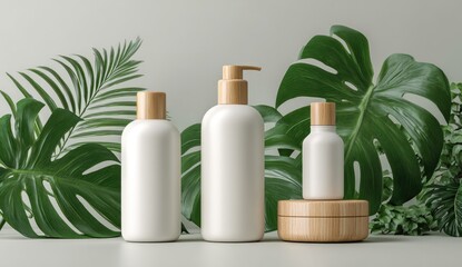 White cosmetic bottles & jars, natural wood lids, surrounded by lush green foliage