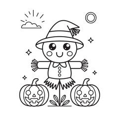 Smiling Scarecrow in Pumpkin Field – Cute Autumn Coloring Page for Kids, scarecrow coloring page, pumpkin patch coloring, autumn coloring page kids, thanksgiving scarecrow printable, victor art 