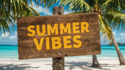 A rustic wooden sign reading 'Summer Vibes' surrounded by palm trees at a tropical beach.