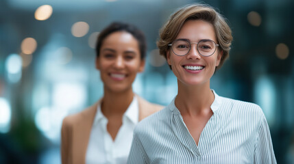 Empowered Female Colleagues Walking in a Modern Corporate Office