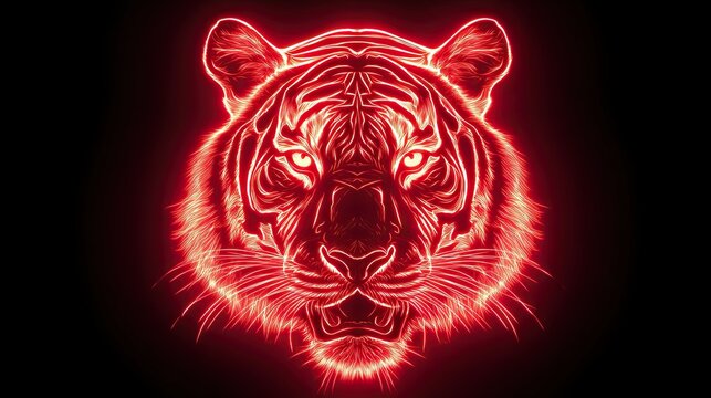 Glowing neon red tiger face on dark background with sharp lines, symmetry and futuristic digital art style