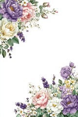 Elegant floral border with pastel peonies and lavender bouquet on white background with copy space