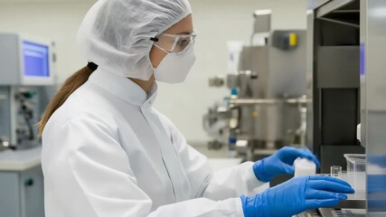 Female scientist in protective gear working in pharmaceutical lab - Powered by Adobe